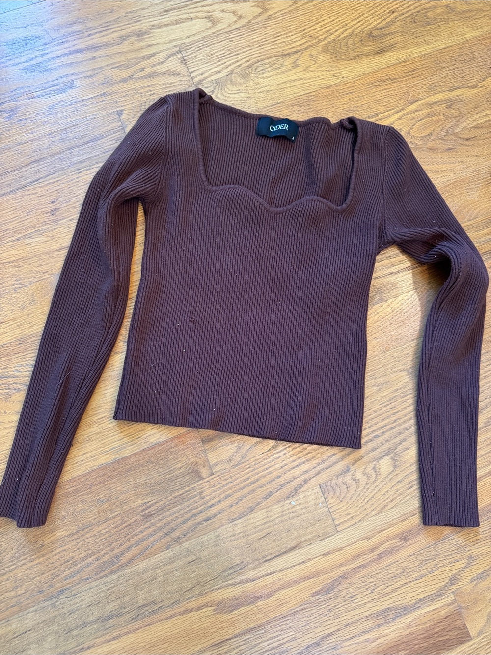 Cider Chocolate Brown Ribbed Square-Neck Long Sleeve Top
